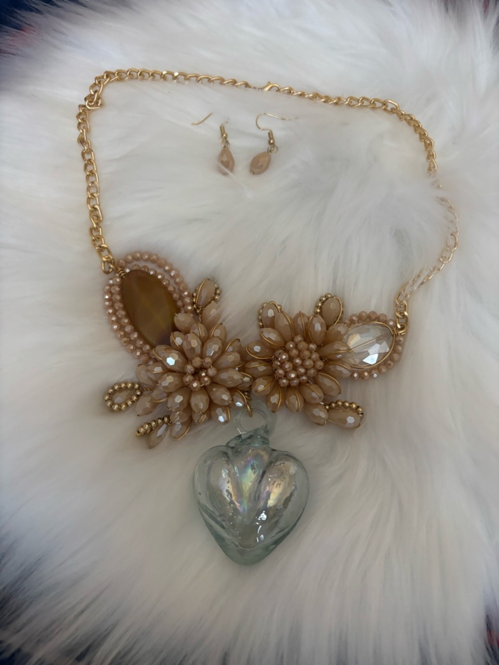 Beige Floral Statement Necklace with Matching Earrings - Women Jewelry